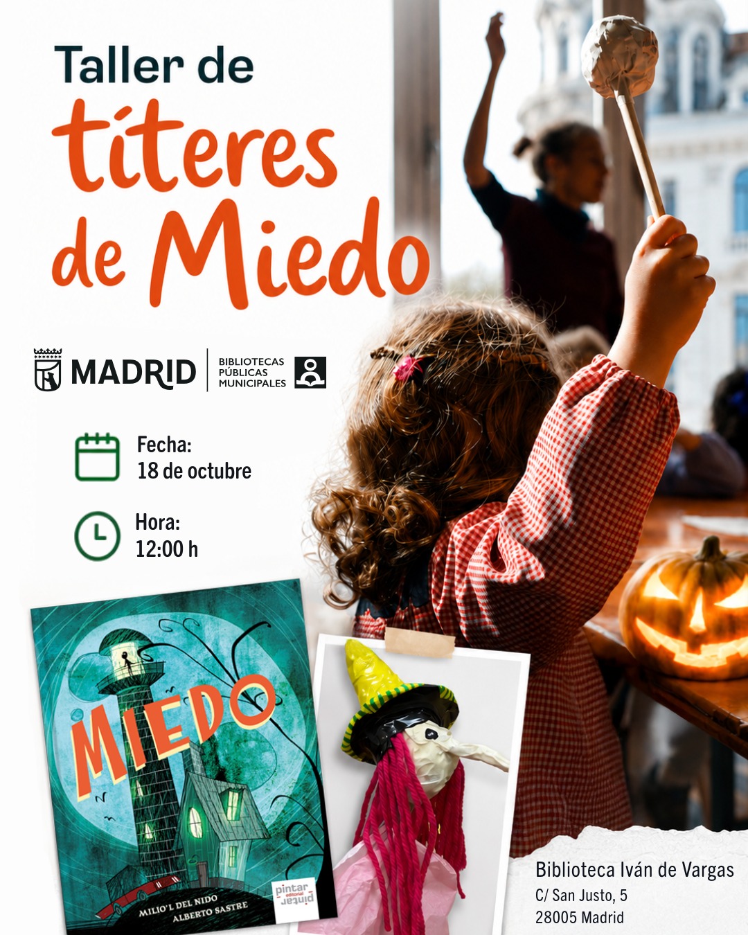 Cartel del taller «Títeres de Miedo» en la Biblioteca Iván de Vargas de Madrid.