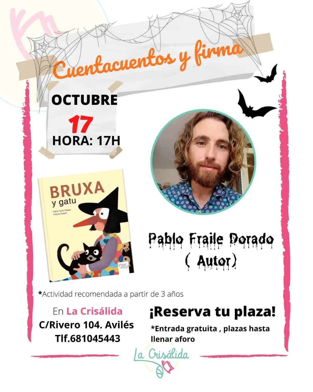 Cartel del cuentacuentos y firma de «Bruxa y gatu» con Pablo Fraile Dorado en La Crisálida de Avilés.