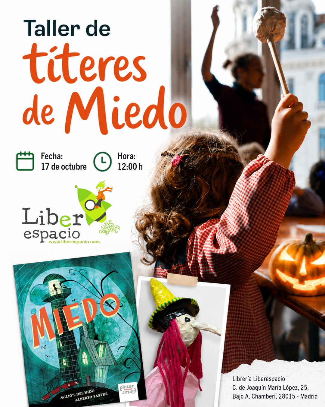Cartel del taller «Títeres de Miedo» en la Librería Liberespacio de Madrid.