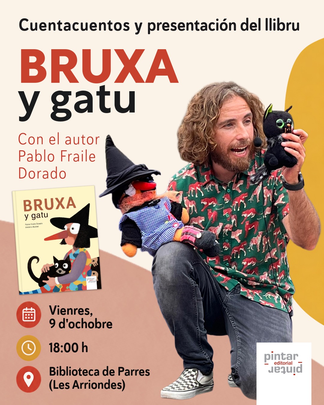 Cartelu del cuentacuentos y presentación de «Bruxa y gatu» na Biblioteca de Parres, en Les Arriondes.