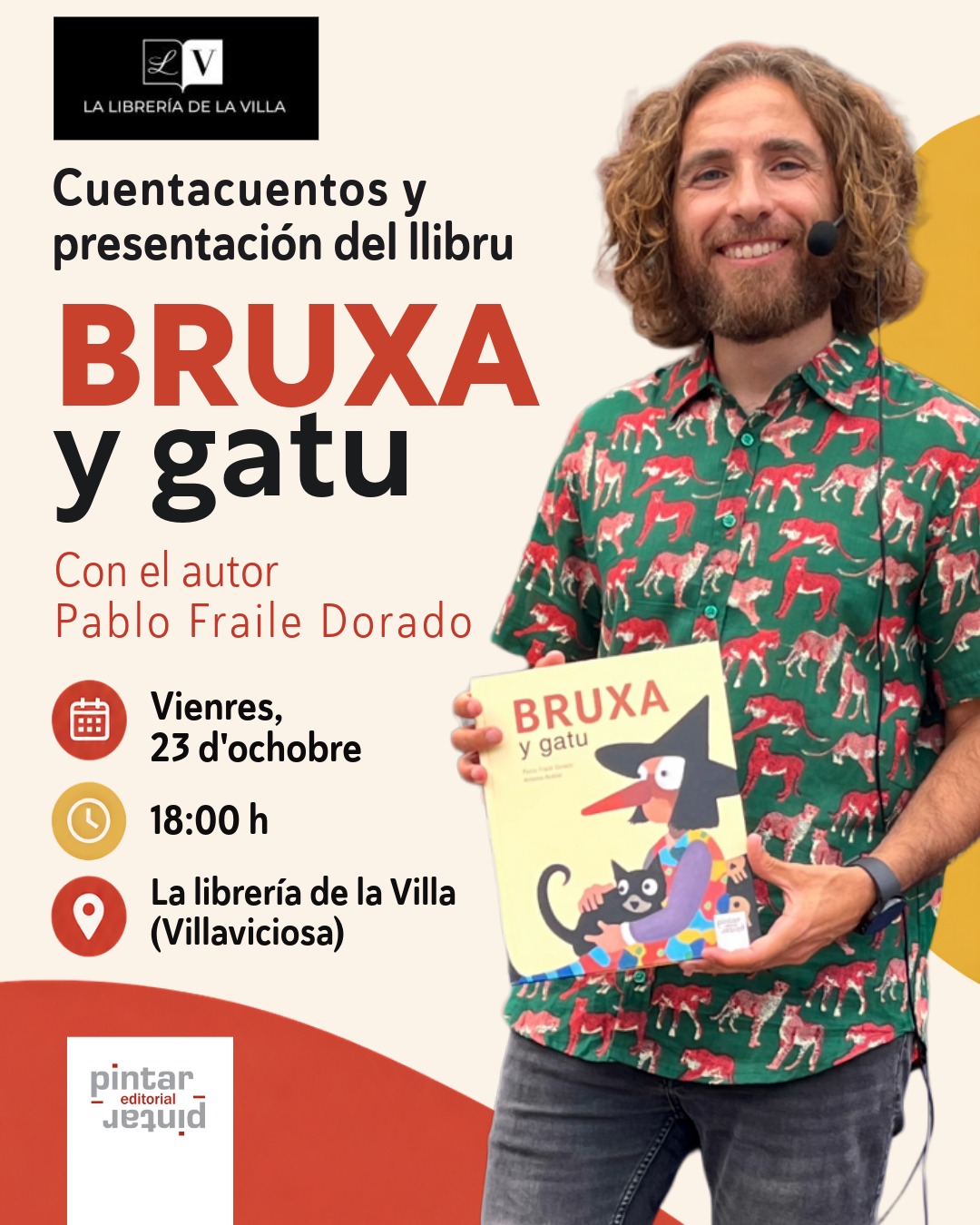 Cartelu del cuentacuentos y presentación de «Bruxa y gatu» na Librería de la Villa, en Villaviciosa.