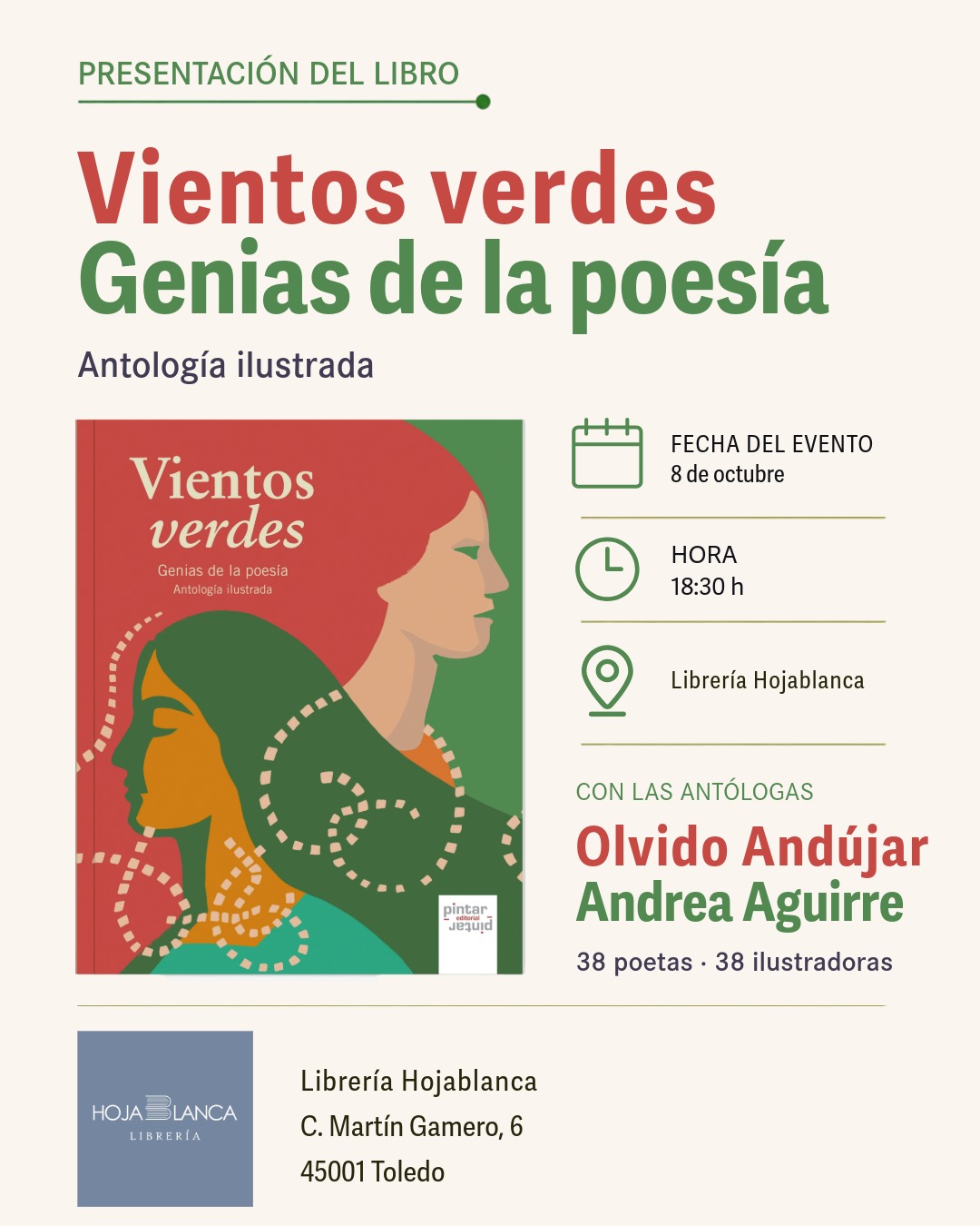 Cartel de la presentación de «Vientos verdes. Genias de la poesía» en la Librería Hojablanca de Toledo.