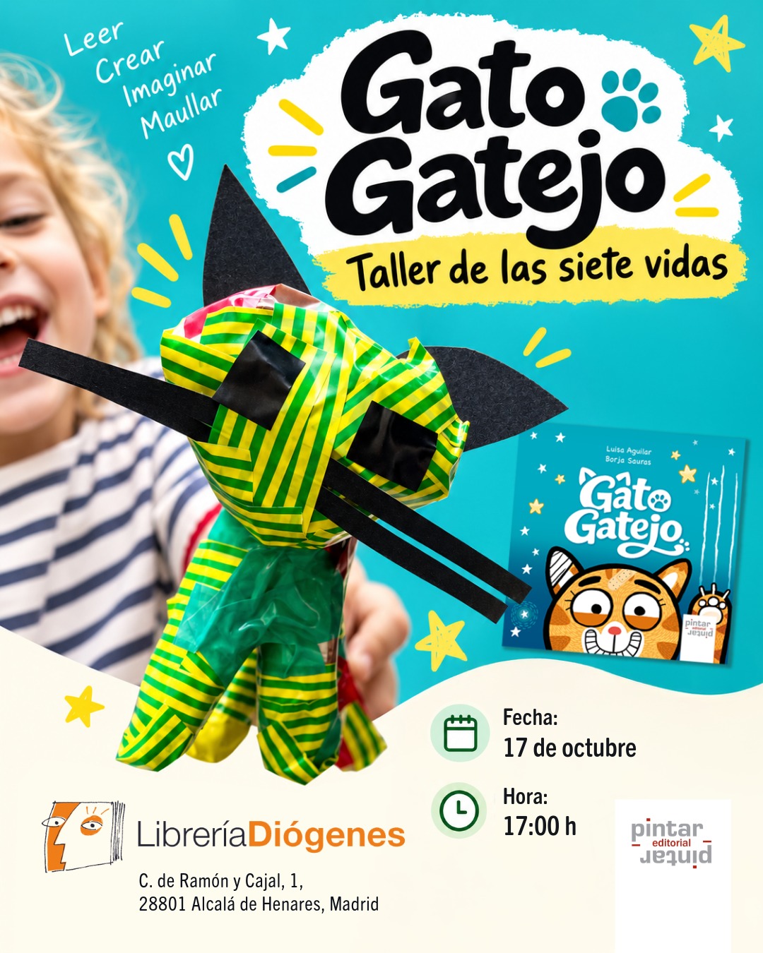 Cartel del taller «Gato Gatejo. Taller de las siete vidas» en la Librería Diógenes de Madrid.