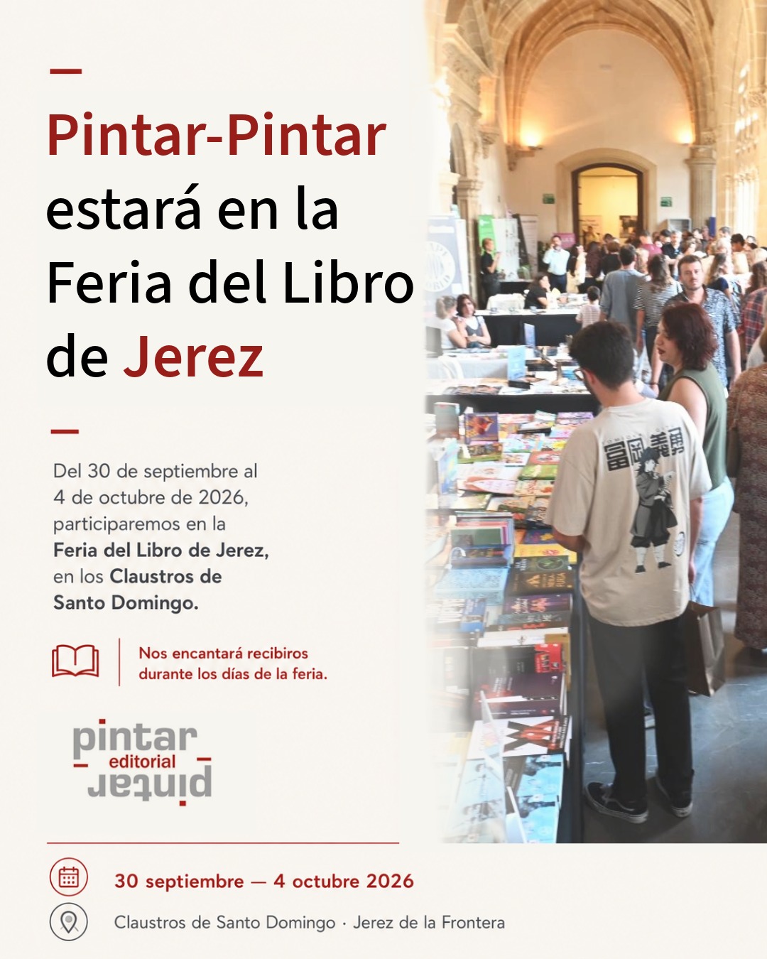 Cartel de la participación de Pintar-Pintar Editorial en la Feria del Libro de Jerez 2026.