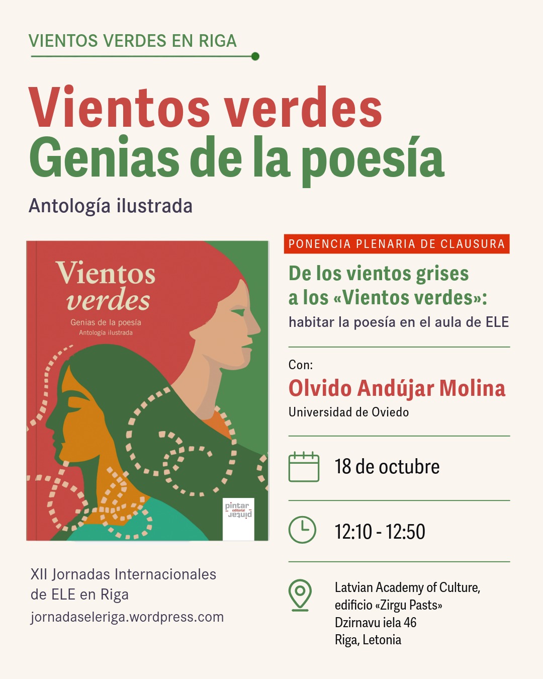 Cartel de la ponencia «Vientos verdes en Riga» en las XII Jornadas Internacionales de ELE.