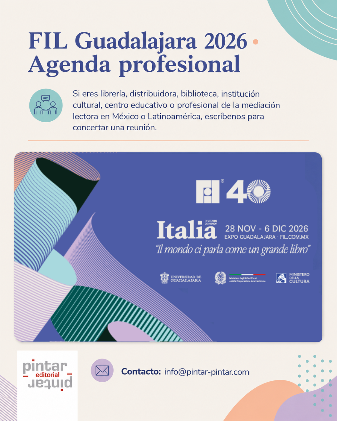Cartel de la agenda profesional de Pintar-Pintar Editorial en la FIL Guadalajara 2026.