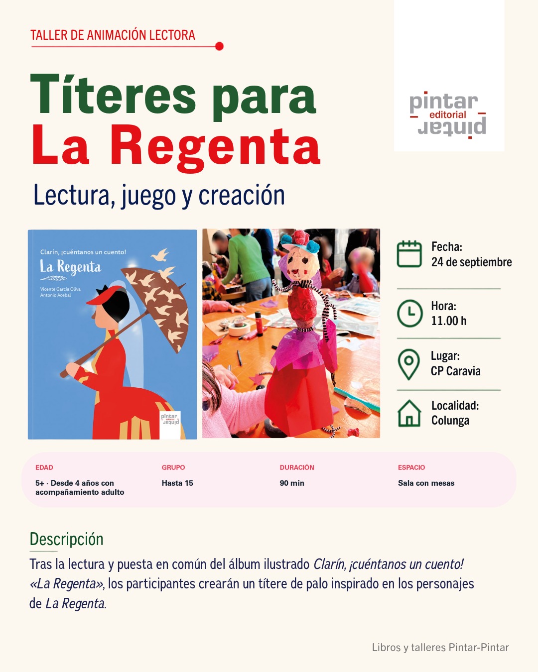 Cartel del taller de animación lectora «Títeres para La Regenta» en el CP Caravia de Colunga.